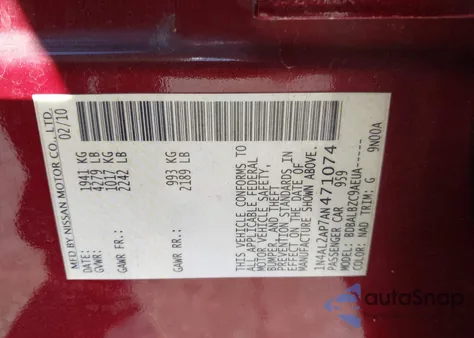 2010 Nissan Altima 2.5 S z USA, uszkodzony, nr VIN 1N4AL2AP7AN471074